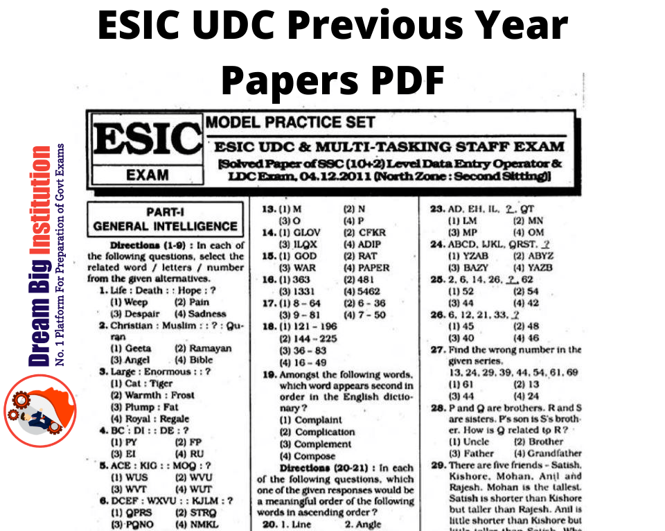ESIC UDC Previous Year Papers PDF